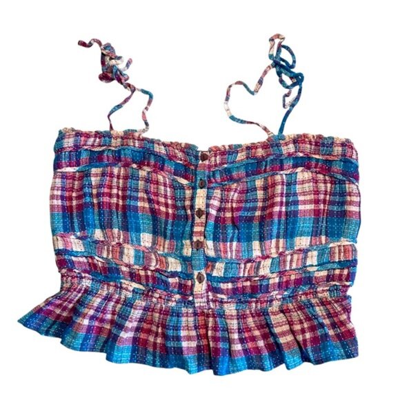 NWT Free People Women's Blue & Purple Plaid Peplum Tube Top Size Large - Picture 2 of 10